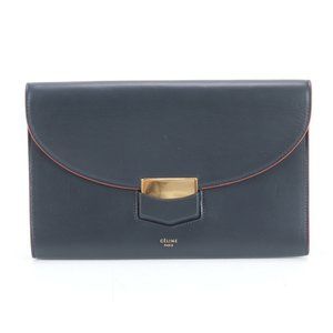 Celine Leather Clutch Bag, Handbag, Second Pouch, Tote Navy Blue, Women's